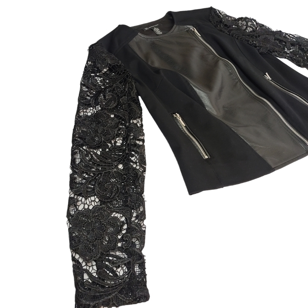 International Concepts Women's Black Faux Leather Long Lace Sleeve Jacket Sz S - Picture 7 of 12